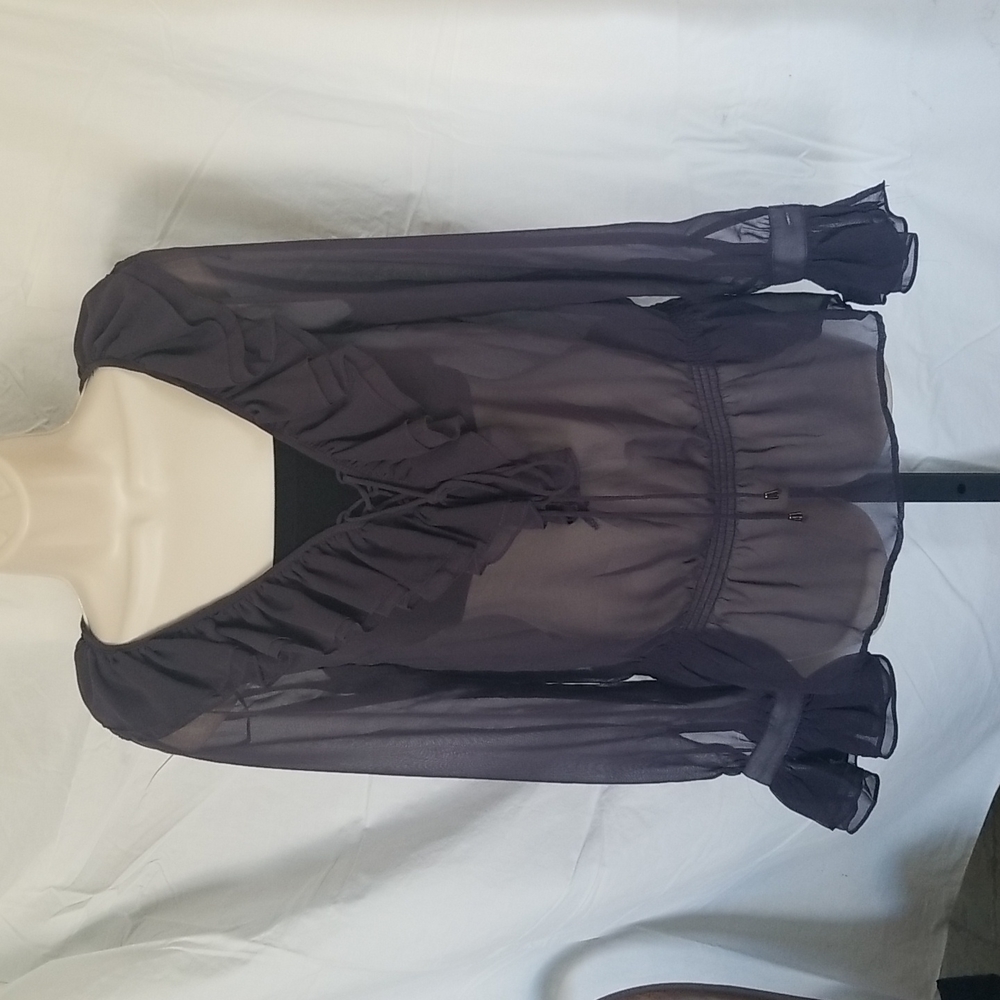 Sheer Ruffle Tie-Neck Blouse